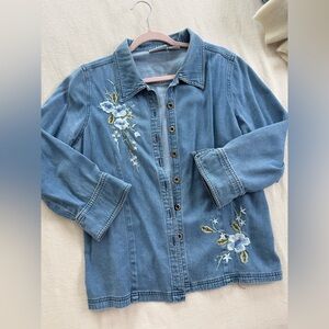 Denim 3/4 Sleeve Embroidered Top